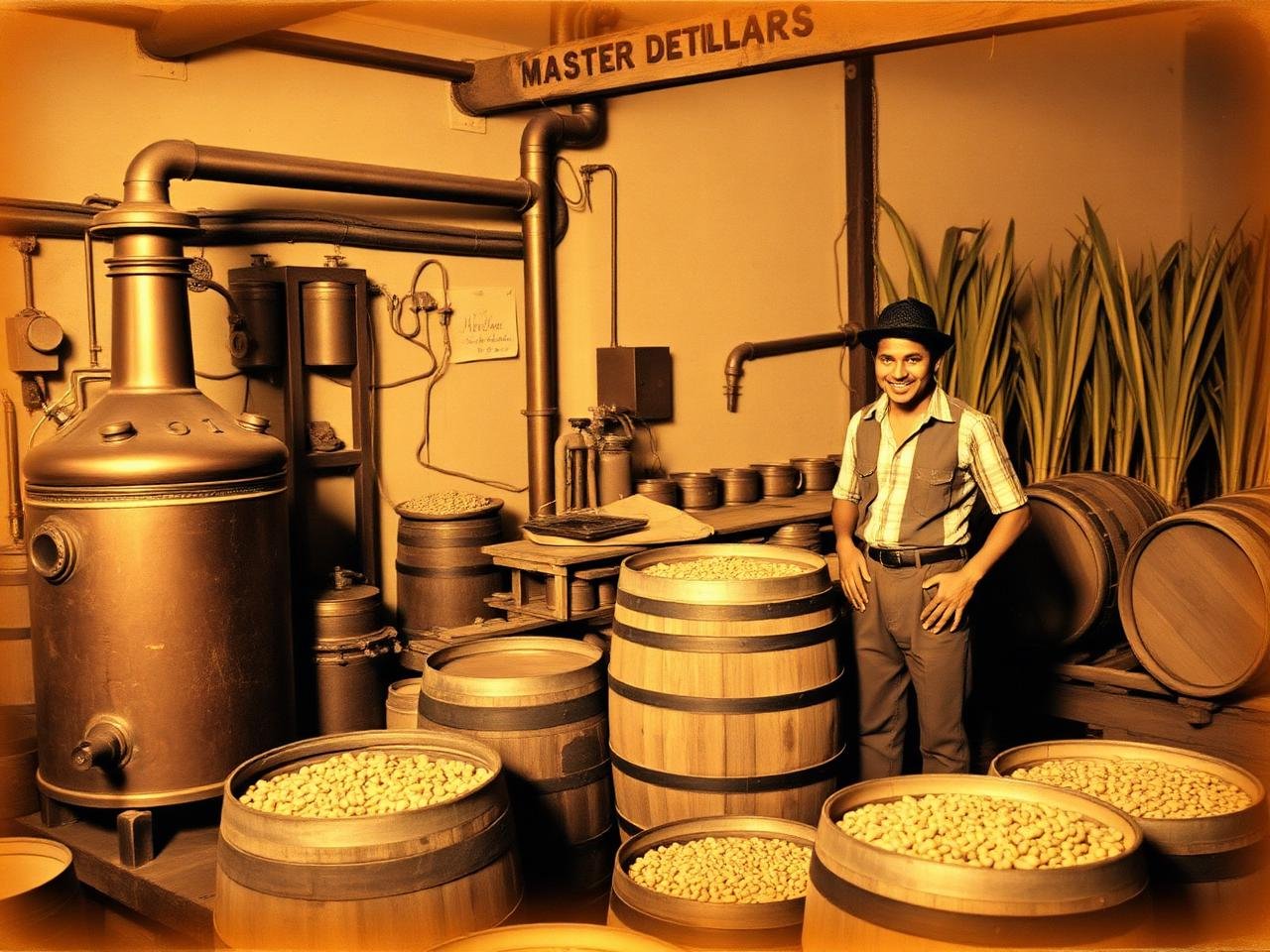 Destilaria familiar brasileira nos anos 1970, com alambique de cobre e barris de madeira