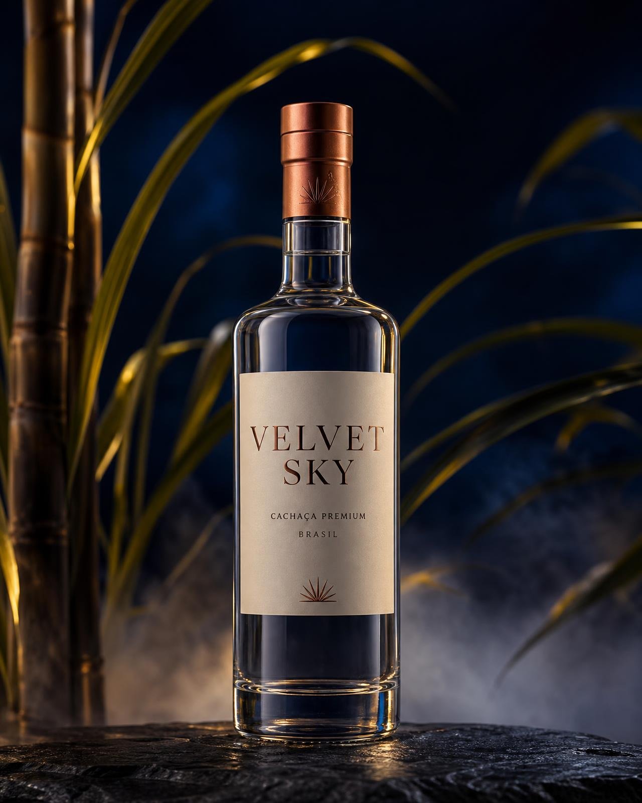 Garrafa de cachaça premium Velvet Sky sobre pedra escura, com folhas de cana ao fundo